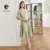FANSILANEN Ruffle elegant green plaid dress Women v neck puff sleeve vintage midi Autumn winter slim sexy office 210607