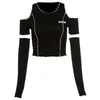 QWEEK Gothic Techwear Koszulki Kobiety Egirl Patchwork Y2K Harajuku Czarne Długie Rękaw Topy X0628