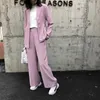 2 Piece Set Women Suits Summer Thin Fashion Pink Color Office OL Jacket Sash Blazer + Long Wide Leg Pants Suit Streetwear 210608