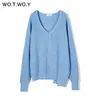 WOTWOY automne hiver basique tricoté bleu blanc pull femmes mode décontracté col en v femme pulls coréen dame pulls 210922
