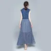 Moda Donna Estate Elegante Abito in denim Femme Vintage Dot Patchwork Designer Runway Senza maniche Abiti lunghi 210520