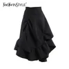 Trekkoord zwarte asymmetrische rok voor vrouwen hoge taille patchwork ruche midi rokken vrouwelijke mode 210521