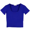 T-shirt a maniche corte con scollo quadrato basso e affascinante blu zaffiro estivo da donna sexy coreana 210416