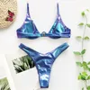 Kvinnor sommar sexig brasiliansk bikini set holografisk glänsande metallisk baddräkt push up vadderad underwire strand baddräkt 210319