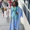 Céu Azul Africano Anterior Jumpsuit com Wrap Cabo 2021 Lace Chiffon Girl Preto Plus Size Mulheres Outfit Prom Vestidos Pant Terno