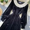 Neploe Französisch Stil Oansatz Chic Paneled Patchwork Kleid Puff Sleeve Schlanke Taille Elegante Vestidos Vintage Mode Samt Kleider 210423