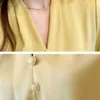 Coréen soie femmes Blouses col en v Satin Blouse femme à manches longues chemise dames hauts grande taille jaune chemises XXL 210604