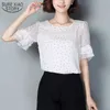 Yaz Kadın Şifon Bluz Kısa Kollu Artı Boyutu Gevşek Polka Dot Ince Casual Gömlek Tops Femme Giyim Pembe Beyaz 210527