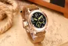 Hommes Automatique Auto Vent Mécanique Véritable Cuir Marron Multifonction Date Bateau Mois Lumineux Limité Or Rose Bronze U Montre W210U