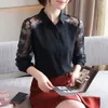 Ofis Bayan Siyah Moda Dantel Şifon Uzun Kollu Bluz Kadın Kore Zarif Blusas Mujer Tops 11491 210417