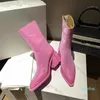 Puntige teen bota's winter echte lederen laarzen roze hoge hak schoen dames schoenen zip dikke laars vrouw