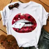 Diamante na boca vermelha Imprimir Camiseta Mulheres Manga Curta Tops Gráfico Camisetas Fashion T-shirt das senhoras