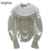 Fashion Pleated Turn-down Collar Design Women Blouse Autumn Solid Color Chic Shirts Elegant Flare Sleeve Blusas 210422