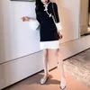 Women Chinese Style Dress Cheongsam Long Sleeve Mini Black And White Patchwork Flare Buckle D1740 210514