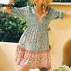 Été imprimé fleuri Boho col en V élégant Mini dos noeud papillon élégant robe plissée Vestido De Mujer 210413