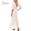 Sommer Frauen Lange Chiffon Weiße Spitze Sexy Maxi Tunika Strandkleid Urlaub Kleidung 210415