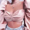 Kvinnor Blusar Streetwear Sexig Vintage Turtleneck Crop Top Backless Puff Sleeve Pink Blouse Lace Up Top 210514