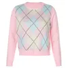 Argyle Dzianiny Różowy Sweter Pulowers Kobiety Casual O Neck Anglia Styl Pull Femme Winter Tops 210427