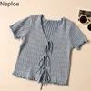 Neploeトリミングニット女性シャツ夏Vネック半袖ティーカーディガン韓国レースアップフリルTシャツトップス女性210422