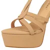 Sexy Hollow T-Strap Sandalias de cuero Nueva Roma Mujeres Open Toe Plataforma Alta Bombas Partido Grueso Tacón alto Mujer Hebilla Zapatos de moda Y0721