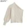 Kvinnor Sexig Asymmetri Singel Shoulder Short Crochet Knitting Sweater Kvinna Chic Lantern Sleeve Slim Pullovers Tops CT687 210416