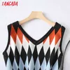 Women Geometry Pattern Oversized Knitted Vest Sweater V Neck Sleeveless Female Waistcoat Chic Tops YU01 210416