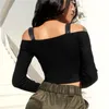봄 티셔츠 여성 긴 소매 티셔츠 작물 탑 한국 패션 스타일 Feminina 니트 코튼 블랙 섹시한 짧은 티셔츠 210330