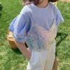 여자 의류 세트 여름 퍼프 슬리브 스팽글 티셔츠 + 짧은 2pcs 캐주얼 유아 아이들 무료 벨트 210611
