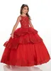 Rosa boll röd klänning flickor tävling klänningar spetsapplikationer kristallpärlor ärmlös tyll tiered ruffles barn blomma flicka födelsedag klänningar quinceanera klänning s