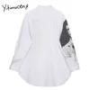 Yitimuceng Bluzka Drukarnie Kobiety Solidne Białe Koszule Luźne Wiosna Turn-Down Collar Długi Rękaw Office Lady Casual Tops 210601