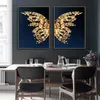 Schilderijen Abstract Luxe Marineblauwe Kleur Achtergrond Gouden 3D-effect Vlindervleugels Ontwerp Gevoel Frameloos Canvas Afdrukken Thuis 4528983