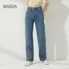 Wixra sida öppnar hög midja jeans kvinnor streetwear rakt jean femme blå svart 100% bomull last denim pants 210616