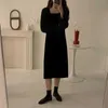 Mulheres francês retrô vestido chique retalhos liso suave mangas cheia elegante moda longa feminina 210525