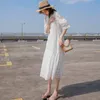 Mode Sommer Elegante Spitze Aushöhlen Weiße Kleider frauen Lose Mid-Länge Kleid Vestidos 210520