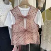 Sommar mode kvinna två styck set enkel o-nacke kortärmad vit t-shirt + chic polka dot gasbind söt båge mesh 210514