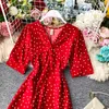 Women Summer Dress V-neck Short Sleeve Mini Red Beach Style Polka Dot Chiffon Dress Boho Clothing Roupas Feminina 210625