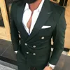 Dark Green Double Breasted Men Past Slim Fit 2 Stuks Bruiloft Bruidegom Tuxedos Prom Blazer Mannelijke Mode Jas met Broek X0909