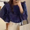 Nomikuma Kvinnor Blus Koreanska Ruffle Patchwork Sweet Blusas Toppar Femme Höst Långärmad O-Neck Pullover skjorta 6d084 210427