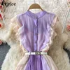 Neploe elegante elegante Stand Collar plisado Maxi vestido femenino manga voladora contraste Color gasa Vestidos drapeado gran Swing Robe Y0823