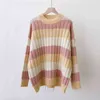 H.SA Pull Femme Nouveaute Färgglada Striped Jumpers Oneck Flare Ärm Rosa Chic Vinter Kläder Kvinnor 210417