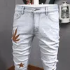 Męskie dżinsy Amerykańskie Streetwear Moda Mężczyźni Lekkie Niebieski Elastyczne Slim Fit Ripped Denim Punk Spodnie Haft Designer Hip Hop Spodnie