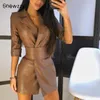 Kvinnor Höst PU Läder Svart Brun Mini Klänning 3/4 Ärm Med Bälte Slim Midja Band Elegant Solid V Neck Party Club Bodycon Casual Dresses