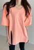 Korea wild candy color O neck pullover T-shirts for womens loose casual mid-length split short-sleeved T-shirt women tops tee 210514