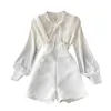 Chemise à manches longues pour femmes d'automne en mousseline de soie pur blanc sac à dos polyvalent pantalon à la mode deux pièces ensemble tenue de bureau 210331