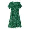Suyadreamの女性の緑の花のシルクドレス100％シルクプリントVネックサッシラップビーチドレス夏のミディドレスvestidos 210603