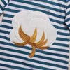 Ropa para niñas de verano Azul Rayado Manga larga Teñido alrededor del patrón de bordado de algodón blanco Arco Niño Bebé Romper 211011