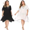 Plus Size Swim Wear Dresses for Women Bikini Tassle Beach Dress Woman Cover Up Gehaakte Jurk 2020 Summer Tunic Black White XL XXL XXXL