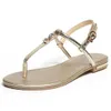 FOREADA女性の靴夏のサンダル本革クリスタルフラットシューズバックルオープントゥストラップサンダルレディースゴールドプラスサイズ3-12 Y0721