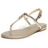 Foreada Vrouwen Schoenen Zomer Sandalen Lederen Kristal Platte Schoenen Gesp Open Teen T-Strap Sandalen Dames Gold Plus Size 3-12 Y0721