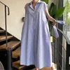 Корейский рубашка платье женщины полосатые винтажные свободные летние платья короткая мода Vestidos элегантные халаты Femme 17065 210415